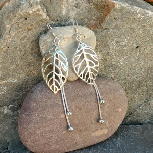 Sterling Silver Leaf Earrings, Vintage, Stamped 925, Long Dangling Chains, Cutout Leaves, Nature, Leafs, Boho Bohemian, Ladies, Autumn Fall
