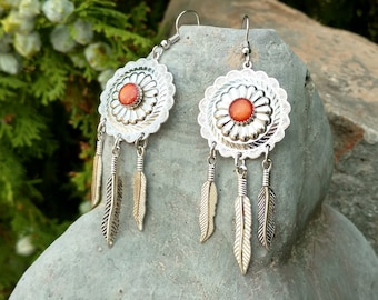 Concho Feather Earrings, Vintage Jewelry, Long Dangling, Silver, Orange, Bohemian Boho, Ladies, Regalia, Western, Southwestern Style, Hook,