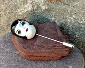 Porcelain Face Hat Pin, Signed Piece, Vintage Jewelry, Hand Painted, Ladies, Lady, Doll Face, Stick Pin, Brooch, Unique, Scarf Wear, Dainty
