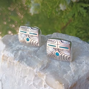 RAY TRACEY Sterling Silver Earrings, Turquoise Inlay, Inlaid