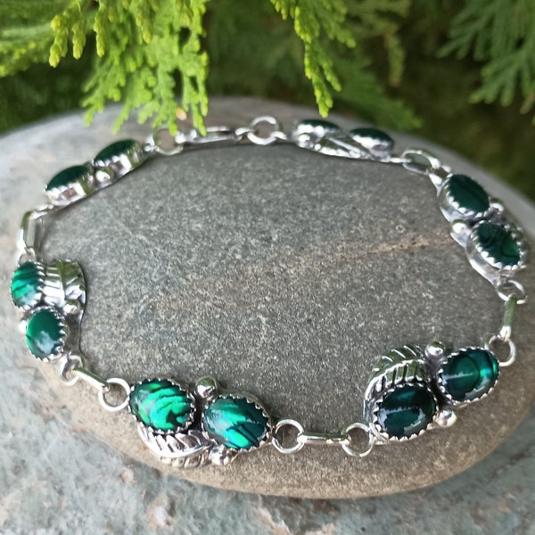Sterling Silver Bracelet, Dyed Abalone Shell, Native American, Vintage 925 Jewelry Signed SC, Leaves, feathers, Women's, Size 7.25, Link