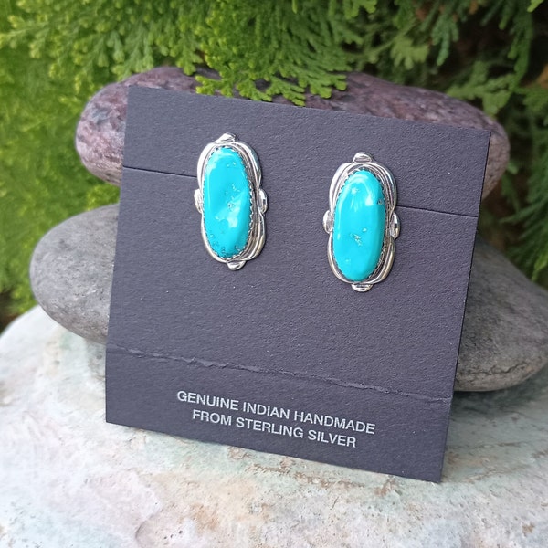 ALVINA QUAM Turquoise Sterling Silver Earrings, Vintage Signed Alvina Q. Zuni, Native American, 925, Jewelry, Southwestern, Sleeping Beauty