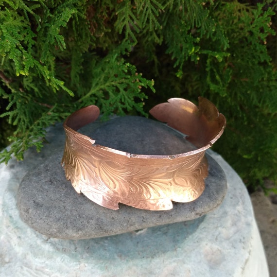 Copper Feather Cuff Bracelet, Heavy Weight Almost… - image 2