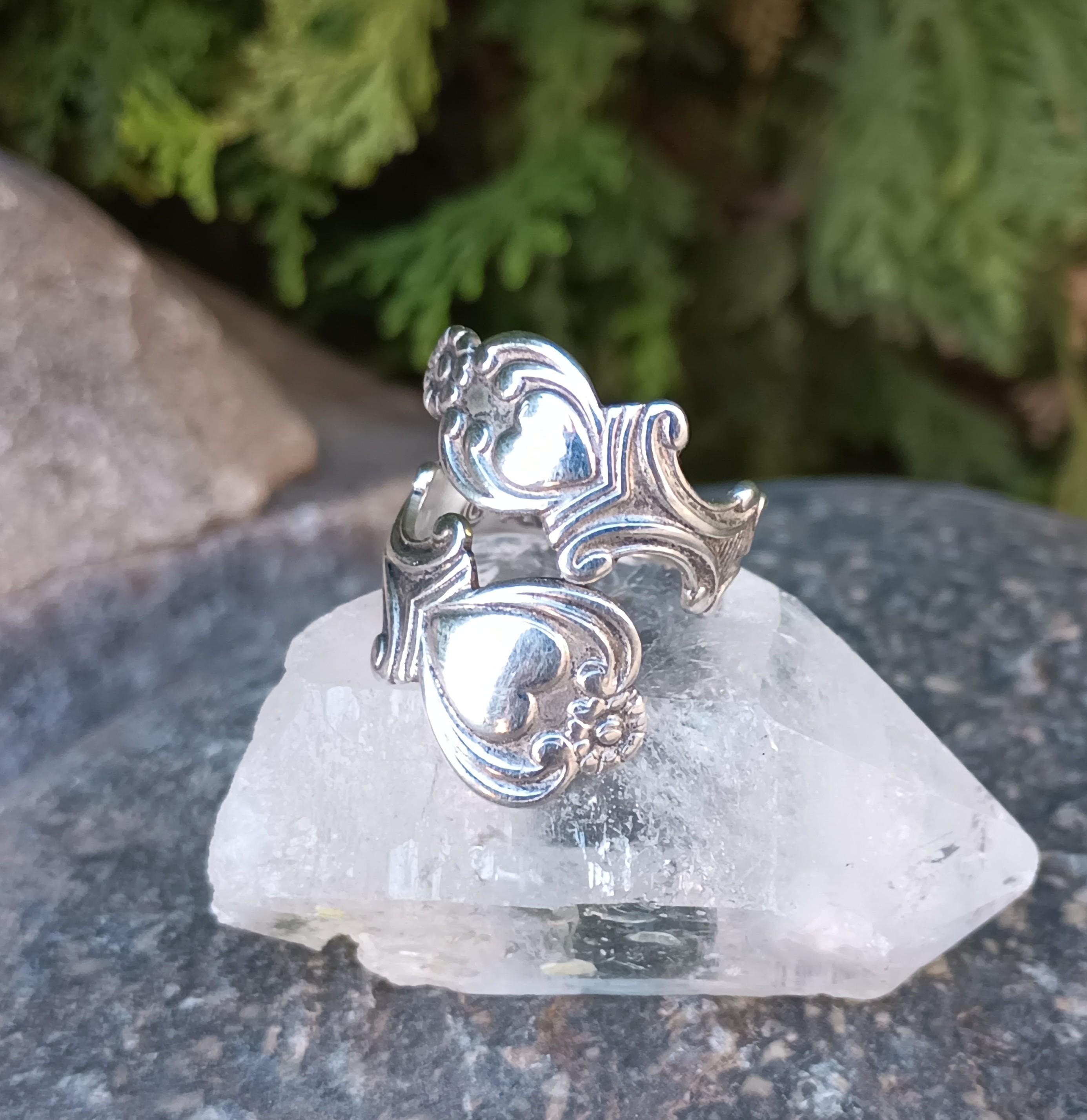 AVON Sterling Silver Spoon Bypass Ring, Treasured Hearts, Double