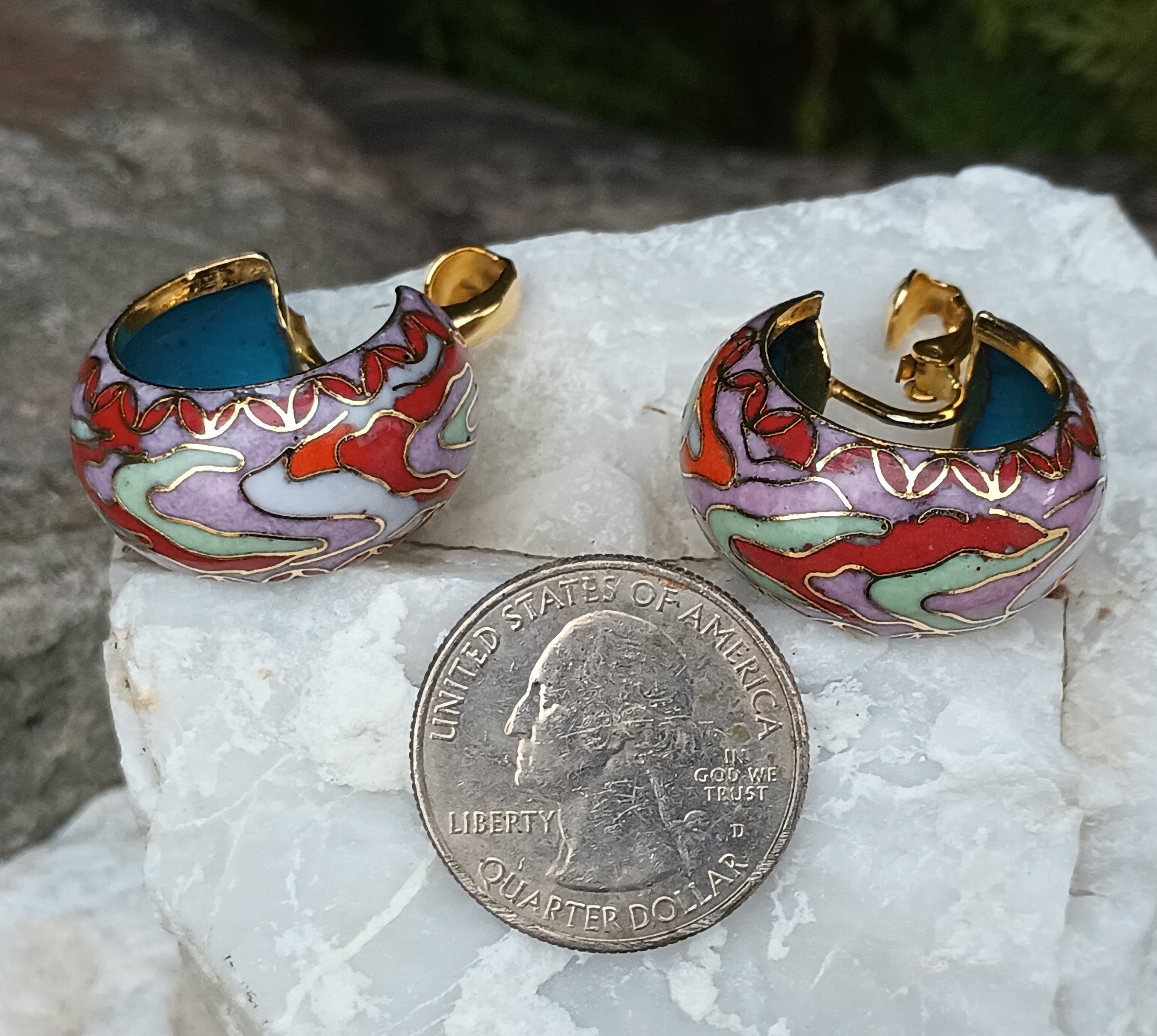 Cloisonne Hoop Earrings, Clip On, Vintage Jewelry, Wide  Vintage Cloisonne Earrings Women\'s Clip-on Round Purple Gold Red Green Classic main image 0