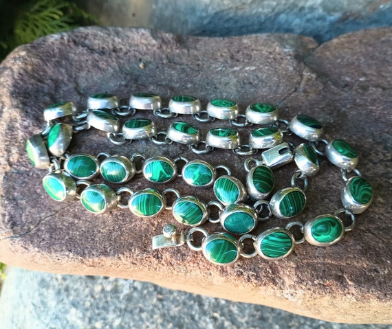 Malachite Sterling Silver Necklace, Mexico 925, M… - image 1