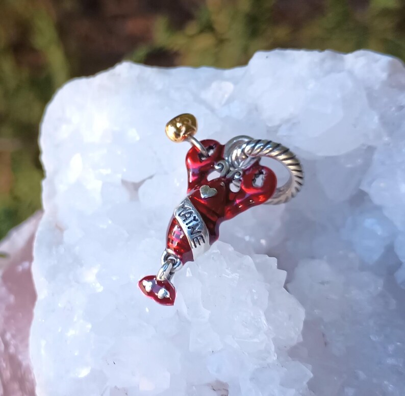 K&ouml;nnte beinhalten: Ein roter und silberner Hummer-Anh&auml;nger mit dem Wort "MAINE" darauf. Der Anh&auml;nger hat einen goldfarbenen Akzent und einen silberfarbenen, gedrehten Ring.