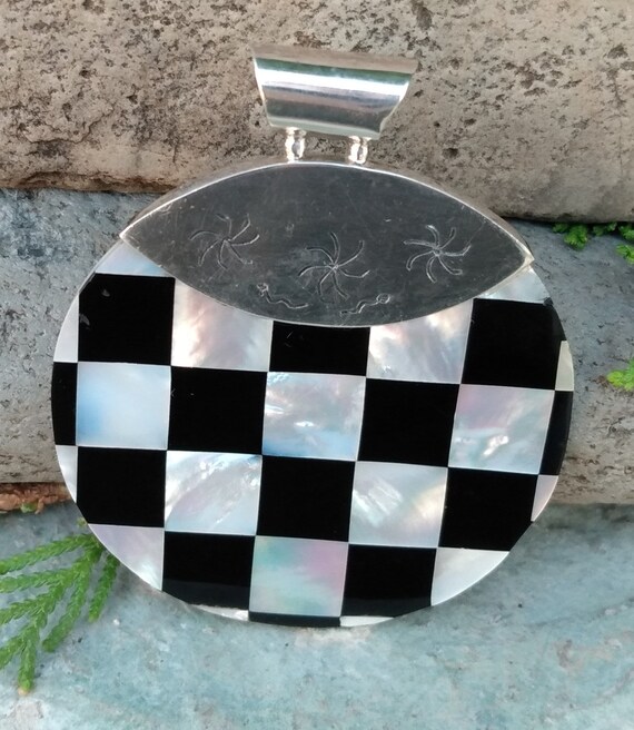 Checkered Sterling Silver Pendant, Mother of Pear… - image 6
