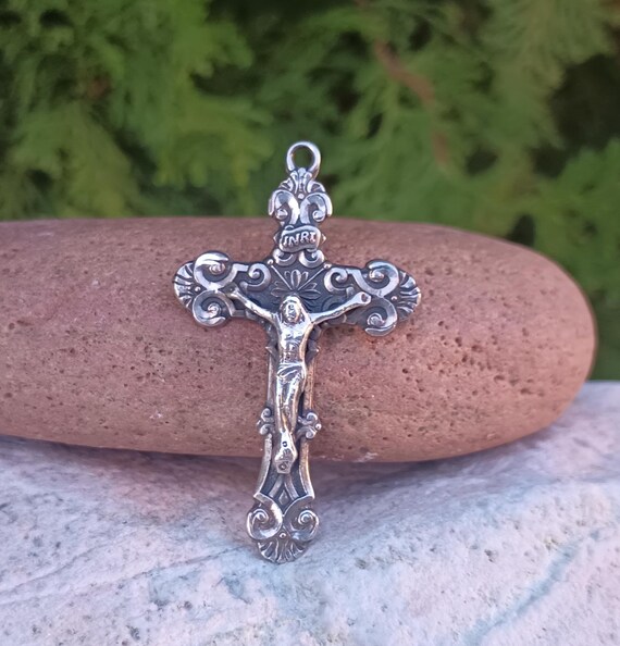 Fleur-De-Lis Cross Pendant with Fancy Bead Design Antiqued Sterling Silver Fleur-De-Lis Cross Pendant with Fancy Bead Design Antiqued Sterling Silver