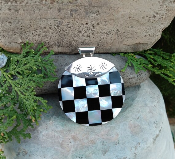 Checkered Sterling Silver Pendant, Mother of Pear… - image 2