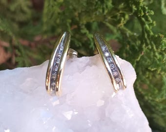 10K Gold Diamond Earrings, Solid 10KT Yellow Gold Curved Hoop, Channel, Vintage Women's Fine Jewelry, Dainty, April Birthstone Birthday