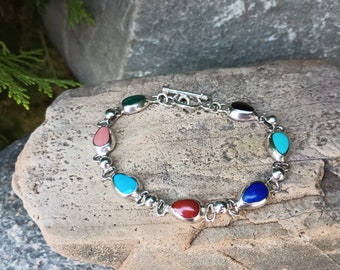 Sterling Silver Bracelet, Multi Stones, Vintage Jewelry Mexico 925, Women's Size 7.25, Link Bracelet, Toggle Clasp, Turquoise, Lapis, Onyx - Etsy Sterling Silver Bracelet, Multi Stones, Vintage Jewelry Mexico 925, Women's Size 7.25, Link Bracelet, Toggle Clasp, Turquoise, Lapis, Onyx - Etsy