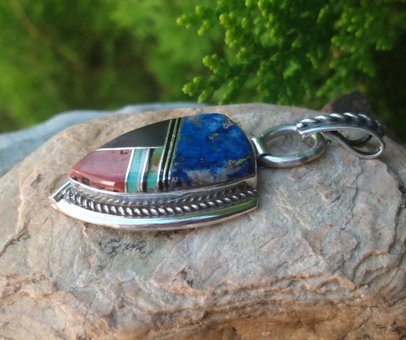 Sterling Silver Inlay Pendant, Native American, V… - image 4