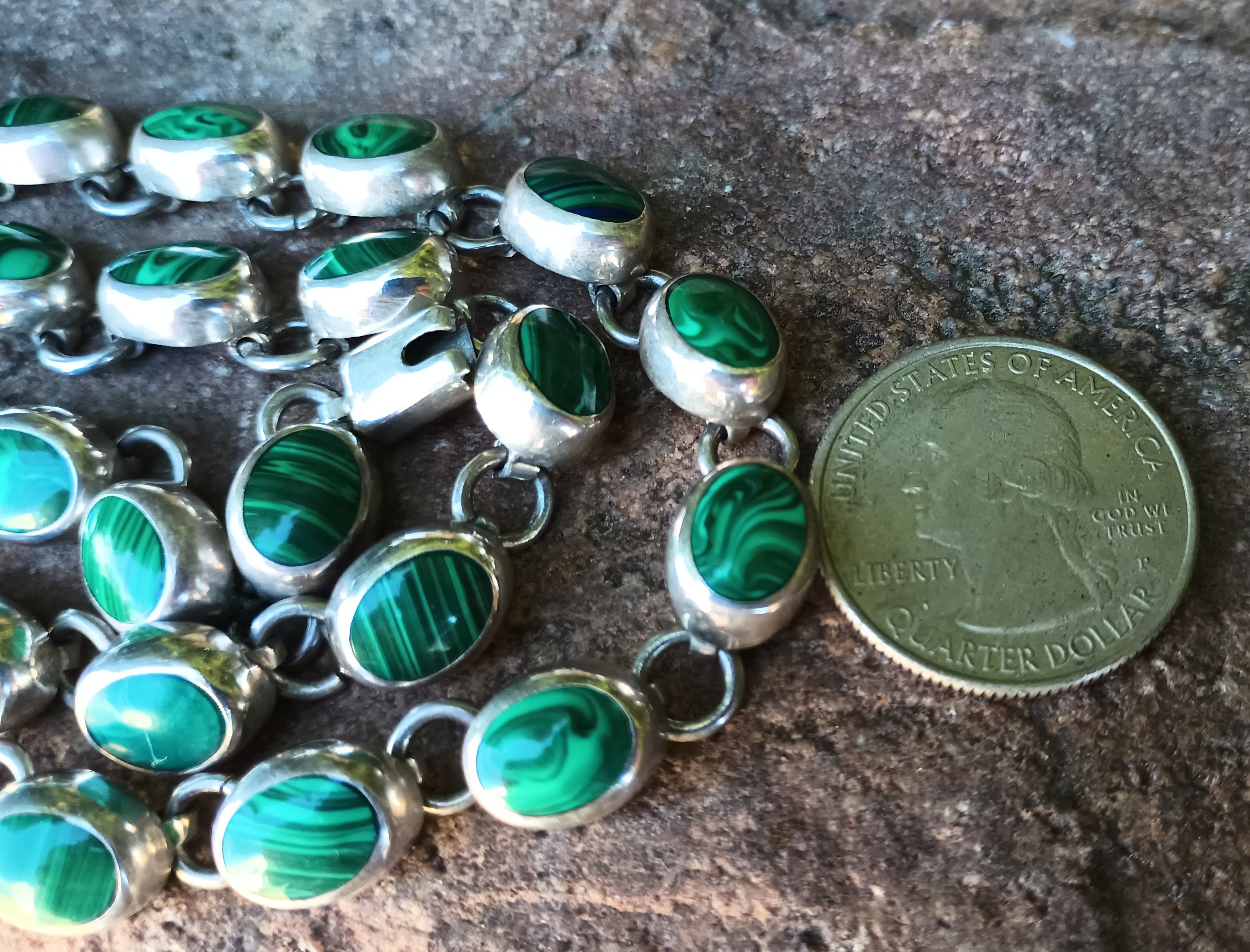 Malachite Sterling Silver Necklace, Mexico 925, Mexican Malachite Sterling Silver Necklace, Mexico 925, Mexican
