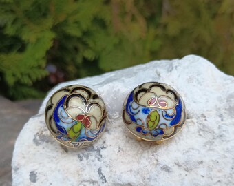 Cloisonne Dome Earrings, Clip On, Vintage Costume Jewelry, Round, Flower Floral, Navy Blue, Green, Cream, Gold Enamel, Women's, Elegant
