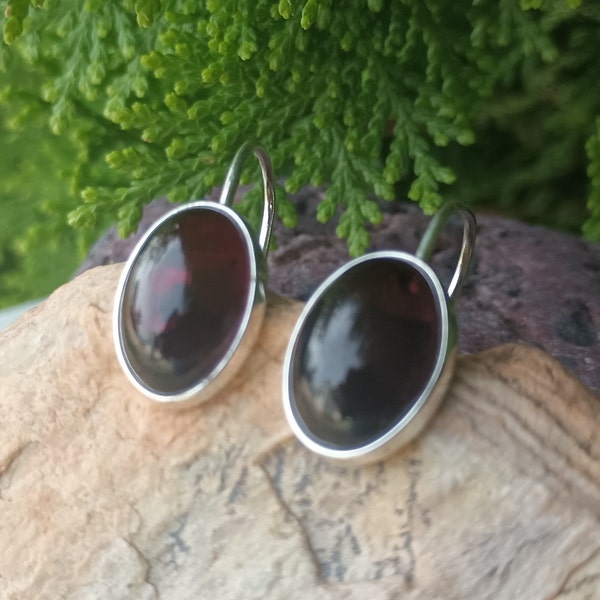 VALERIO Black Amber Sterling Silver Earrings, Vintage Jewelry Signed 925 V8 PL, Poland, Hook For Pierced Ears, Oval Stone, Designer, Modern