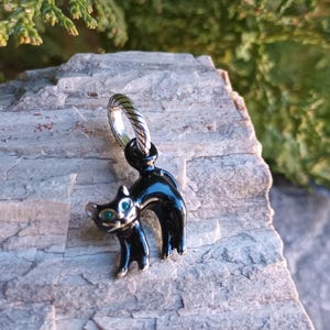 May include: A black cat charm with silver accents and green eyes. The cat is arched and has a silver ring at the top for hanging. The charm is set against a gray stone surface with green foliage in the background.