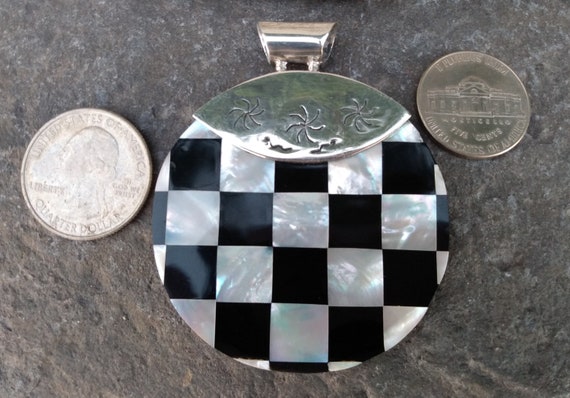 Checkered Sterling Silver Pendant, Mother of Pear… - image 7