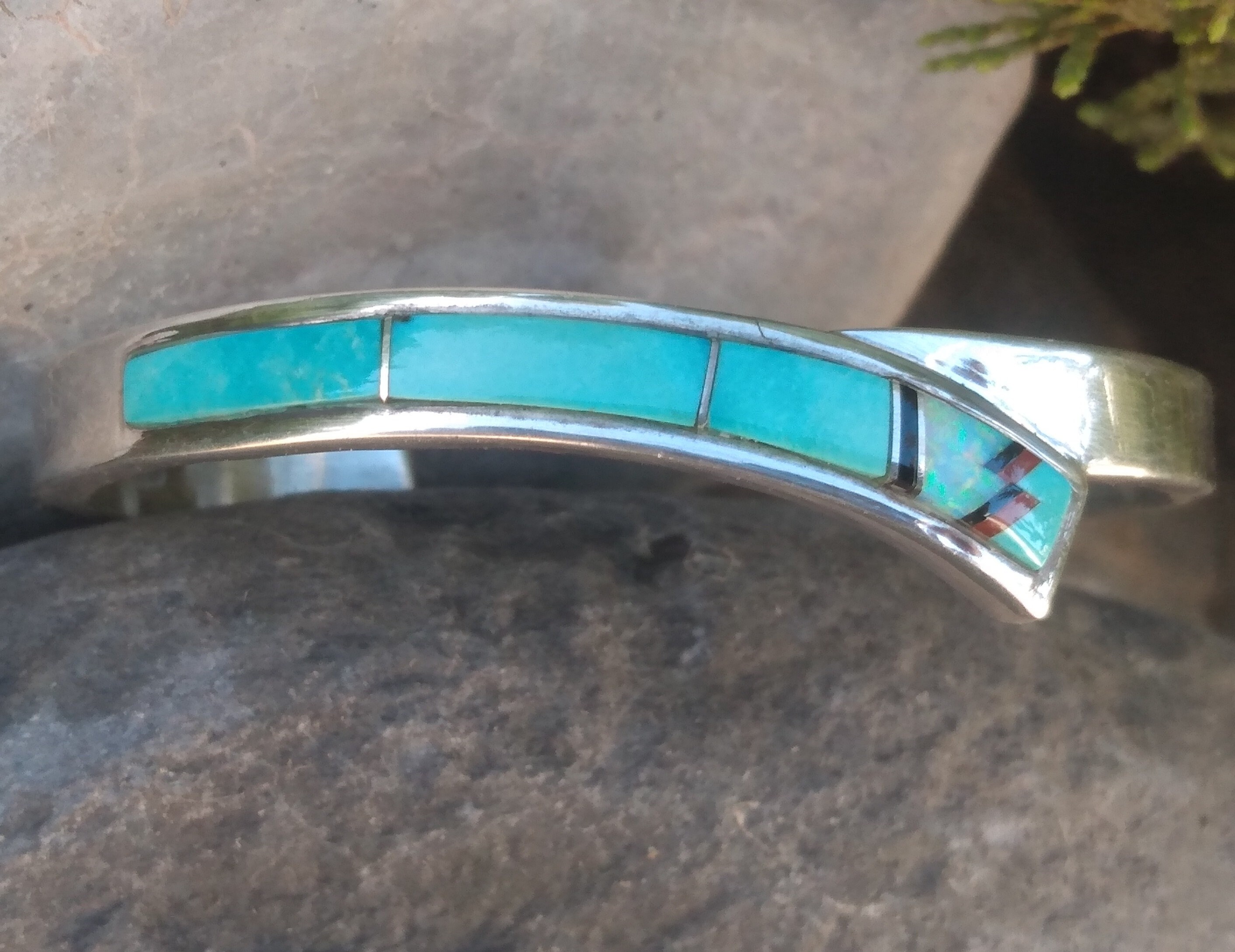 Sterling Silver Inlay Cuff Bracelet, Vintage Native American, 925 