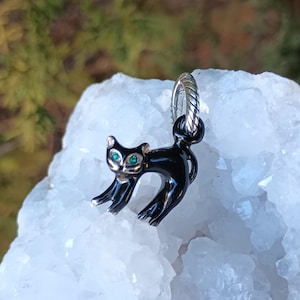 May include: A black cat charm with silver accents and green gemstone eyes. The cat is in a walking pose, with its tail curved upwards. The charm is suspended from a silver loop.