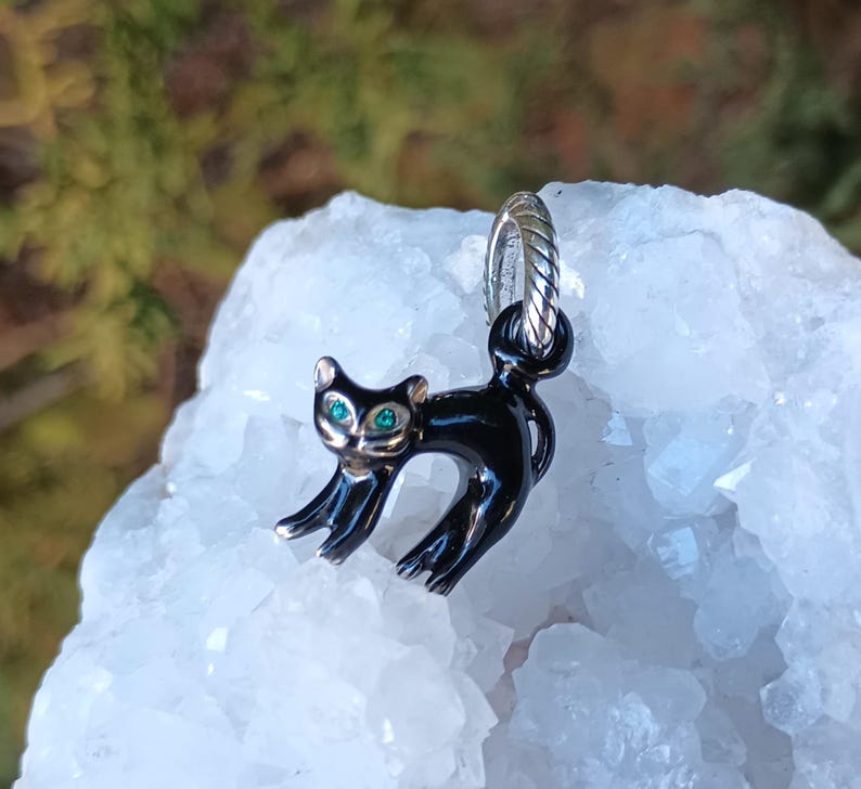 May include: A black cat charm with silver accents and green gemstone eyes. The cat is in a walking pose, with its tail curved upwards. The charm is suspended from a silver loop.