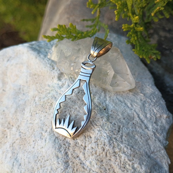 GLENN & IRENE SANDOVAL Sterling Silver Pottery Pendant, Signed Gs, Native American Navajo Artisan, Vintage 925 Jewelry, Cactus Cutout, Long