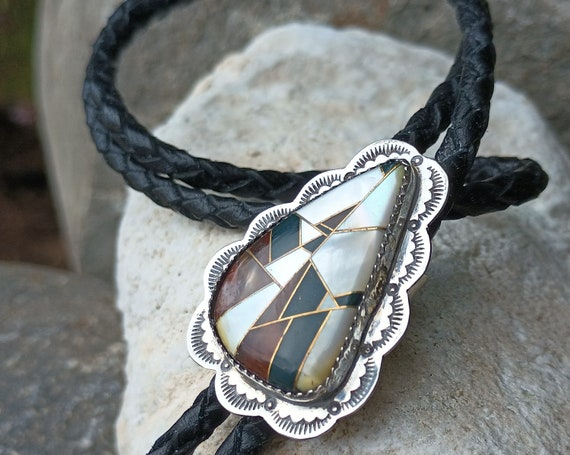 Sterling Silver Inlaid Bolo Tie, Native American,… - image 4