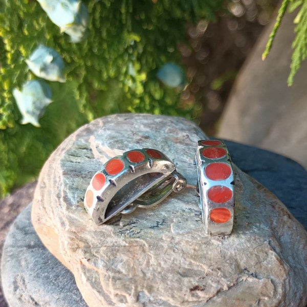 Coral Clip On Earrings, Sterling Silver, Vintage 925 Southwestern Jewelry, Curved Hoop Style, Women's Ladies, Native American Style, Regalia