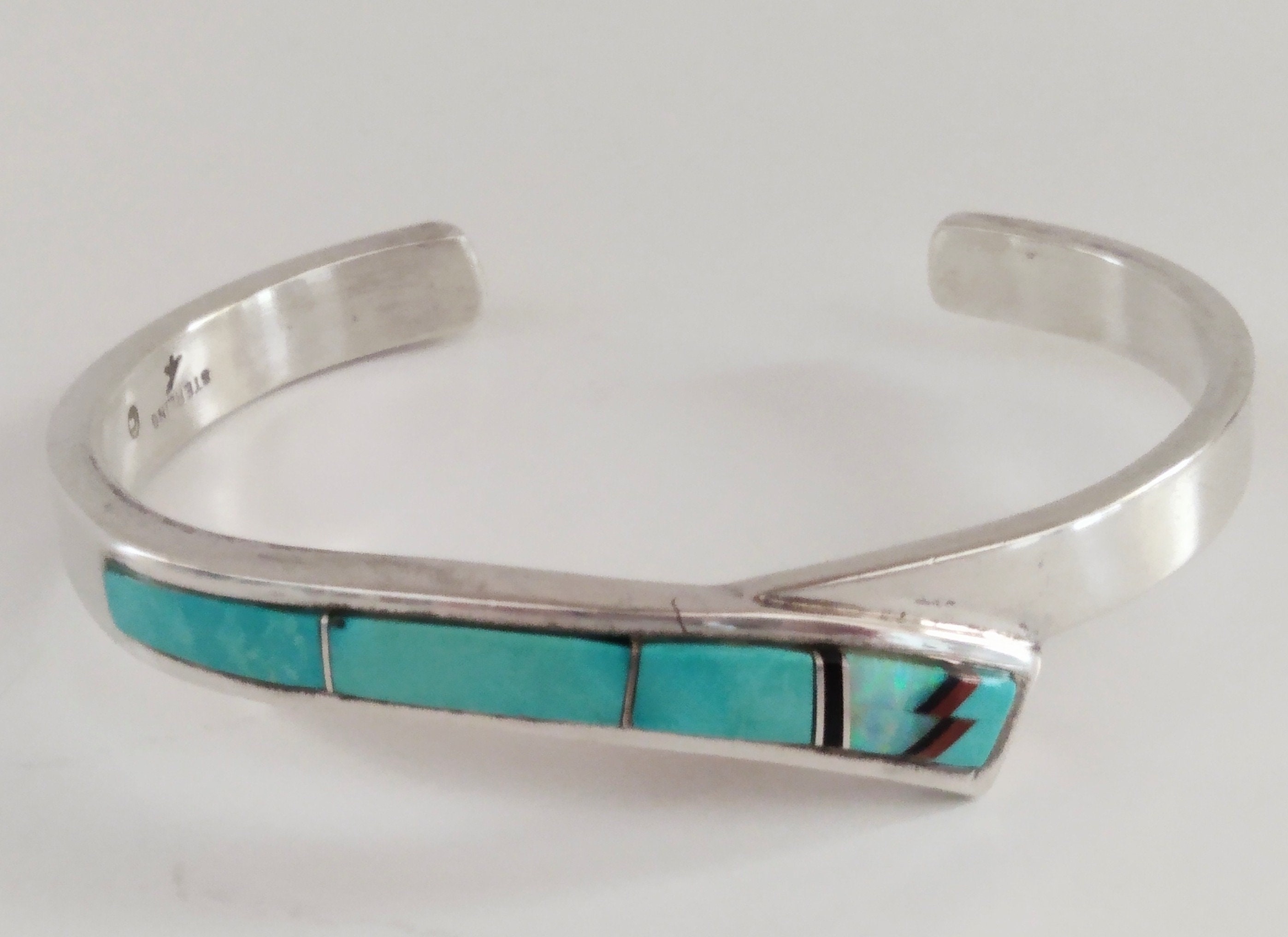 Sterling Silver Inlay Cuff Bracelet, Vintage Native American, 925 