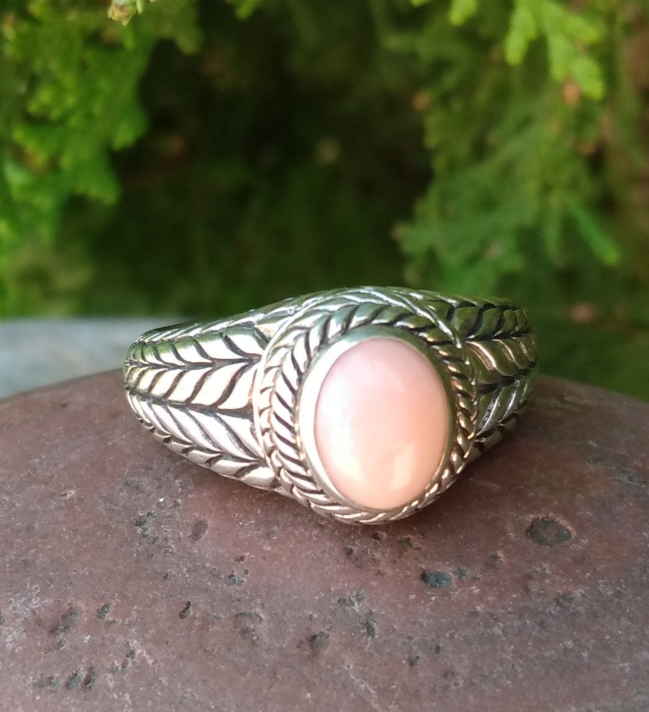 JAI Sterling Silver Ring, Pink Opal Stone, Vintage 925