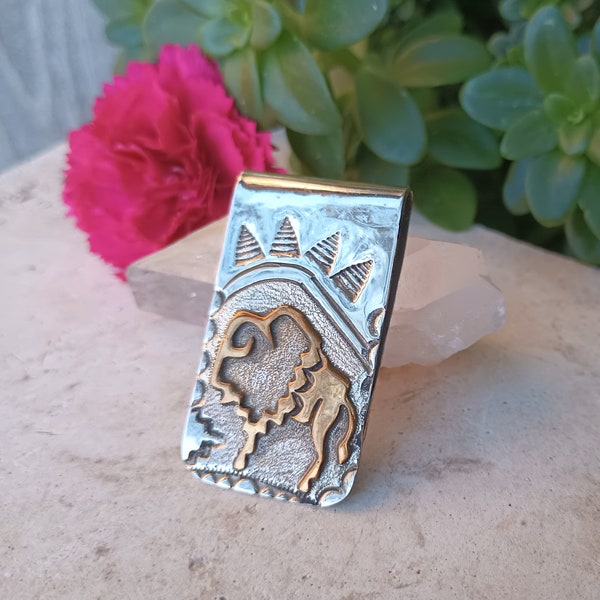 LEANDER NEZZIE Silver Buffalo Money Clip, Vintage Native American Navajo Signed LN, Overlay Brass, Pine Trees, Men's Jewelry, Father's Day