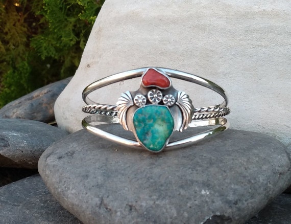 Sterling Silver Turquoise & Coral Cuff Bracelet, … - image 1