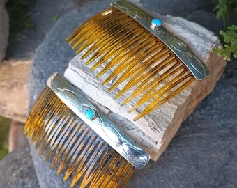 Sterling Silver Turquoise Hair Combs, Native American Vintage 925 Women's Jewelry, Pair of 2 Combs,