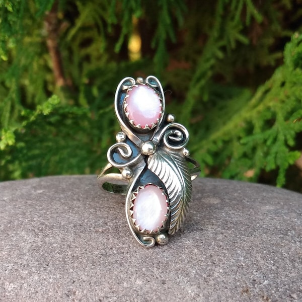 Sterling Silver Rose Quartz Ring, Vintage Native American Jewelry, Size 4.25, Ladies, Pink Stones, Southwestern, Women's, Long, Flower Leaf