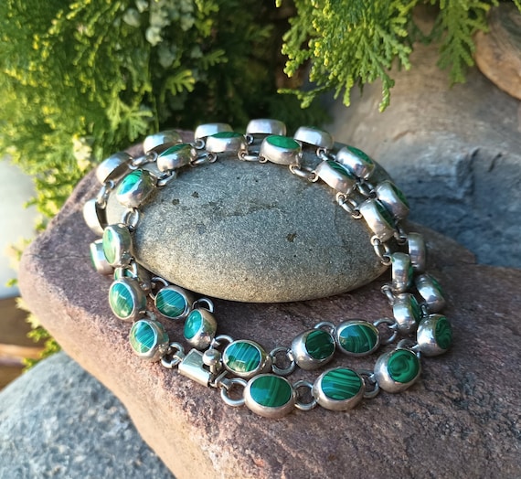 Malachite Sterling Silver Necklace, Mexico 925, M… - image 2