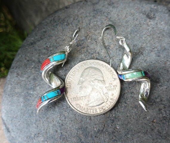 Sterling silver Inlay Earrings, Vintage 925 Nativ… - image 7