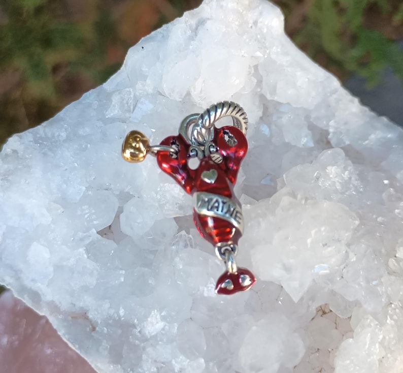 K&ouml;nnte beinhalten: Ein Hummer-Anh&auml;nger mit roter Emaille und silberfarbenen Metallakzenten. Der Anh&auml;nger hat eine goldfarbene Klaue und das Wort "MAINE" ist auf dem K&ouml;rper des Hummers geschrieben. Der Anh&auml;nger h&auml;ngt an einer silberfarbenen Metallschlaufe.