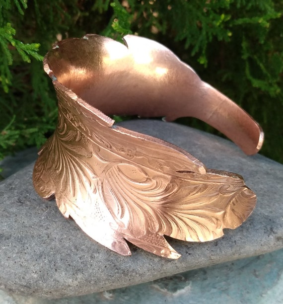Copper Feather Cuff Bracelet, Heavy Weight Almost… - image 3