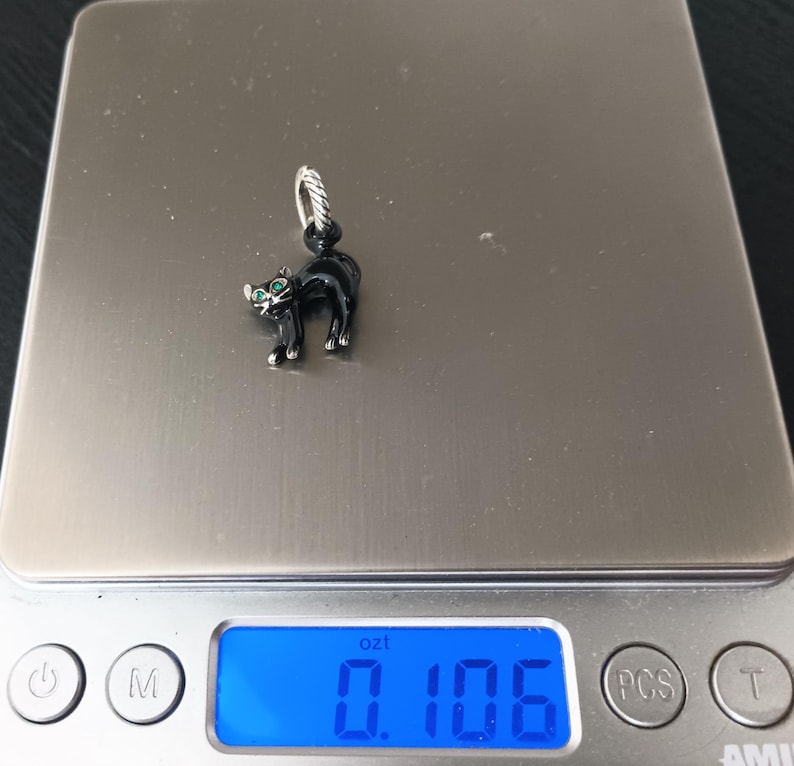 May include: A black cat charm with green eyes. The charm is on a silver-colored scale, which reads 0.106 oz. The cat is standing with its tail up and has a silver-colored loop at the top for attaching to a bracelet or necklace.
