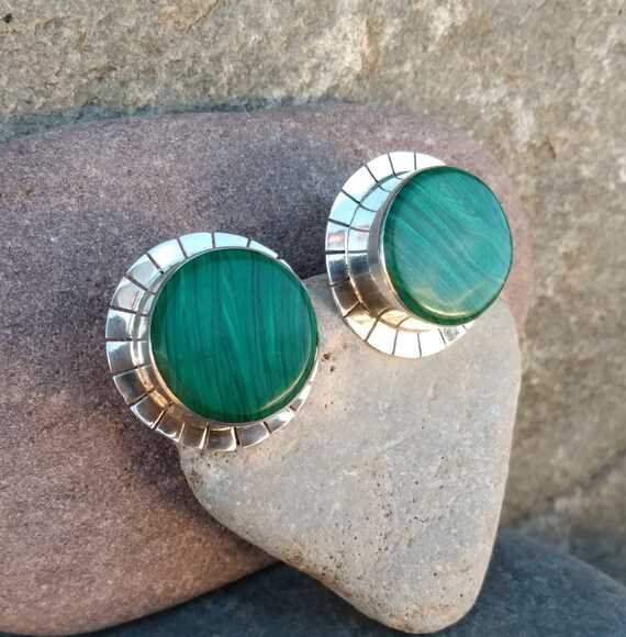 Sterling Silver Malachite Earrings, Clip On, Vinta