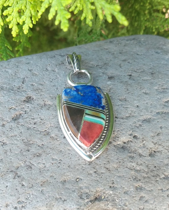 Sterling Silver Inlay Pendant, Native American, V… - image 3