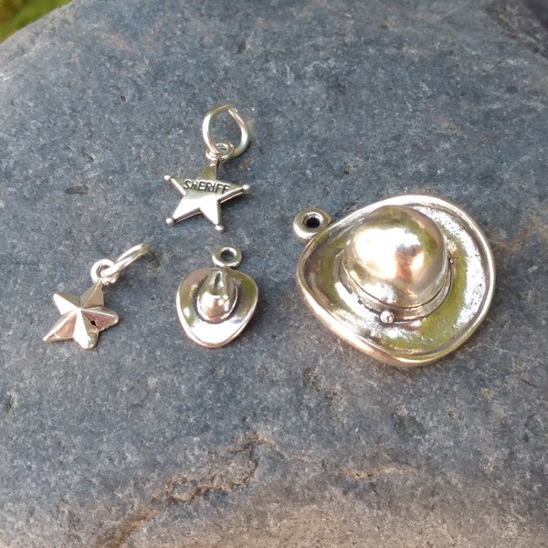 Sterling Silver Cowboy Hat Charm, 3D, 925, Sheriff Badge Star, Multiple Charms, Bracelet or Necklace Pendant, Jewelry Making Supply, Lot, 4