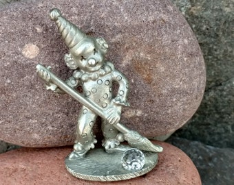 SPOONTIQUES Pewter Clown, Crystal Ball, Sweeping with A Broom, Vintage Signed Piece, ©1987, Collectable Figurine, Gift For Collector, Party