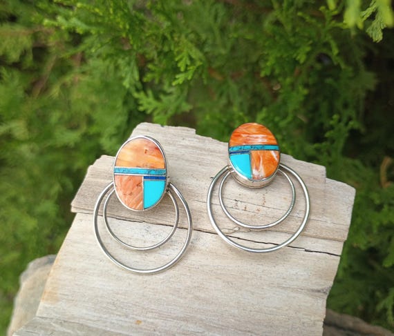 Signed Vintage Native American Navajo Lapis Inlay Sterling Silver Earrings Signed Vintage Native American Navajo Lapis Inlay Sterling Silver Earrings