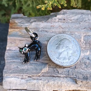 May include: A black cat charm with green eyes and a silver-tone bail. The charm is next to a United States quarter for size comparison. The cat is arched and has a glossy finish.