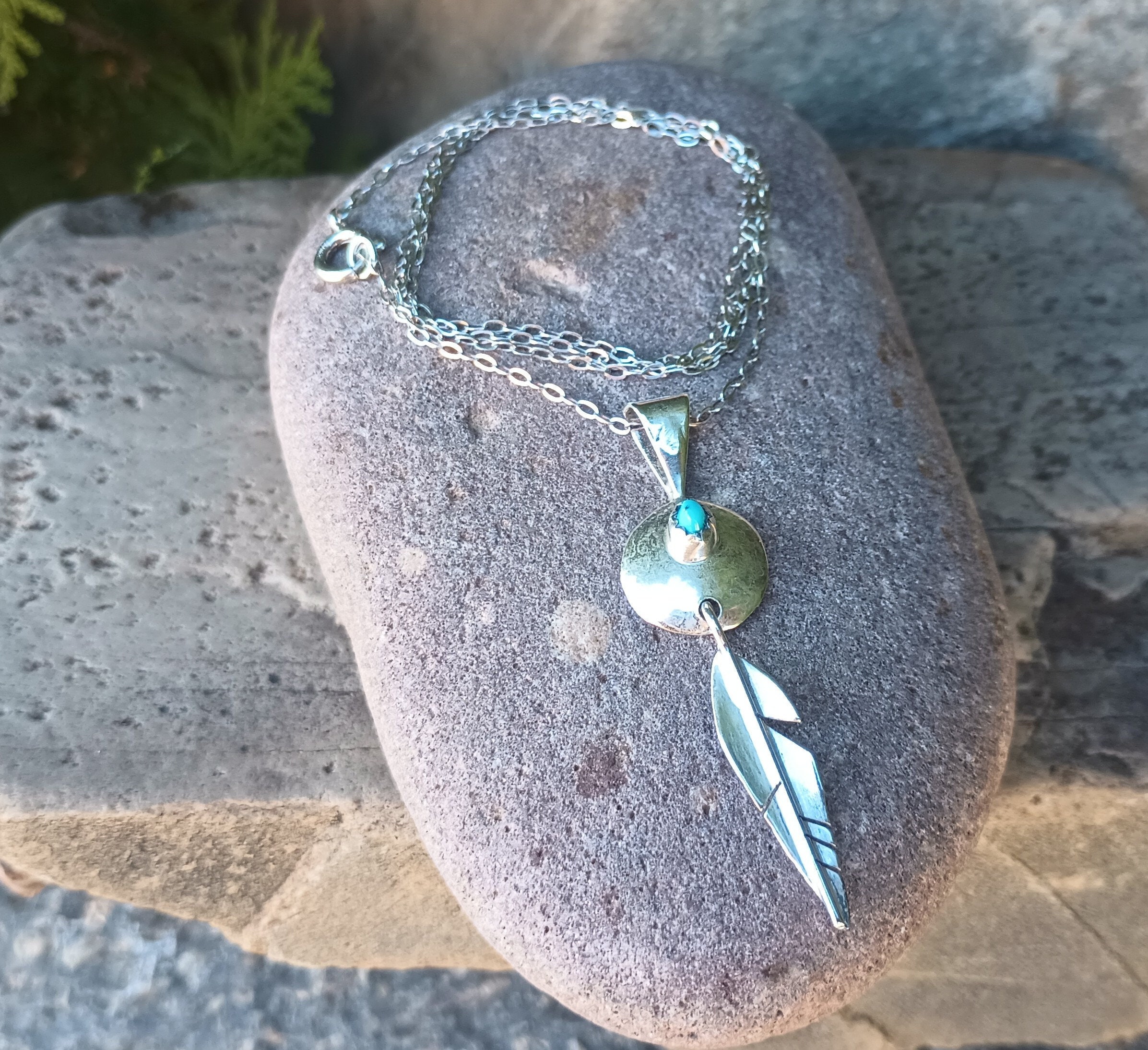 H Sterling Silver Necklace & Feather Pendant, Turquoise