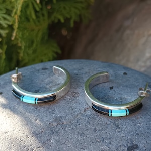 Sterling Silver Inlay Earrings, Vintage Zuni Native American, Turquoise, Black Onyx, 925 Jewelry, Inlaid, Open Hoop, Tiny Chip In Inlay