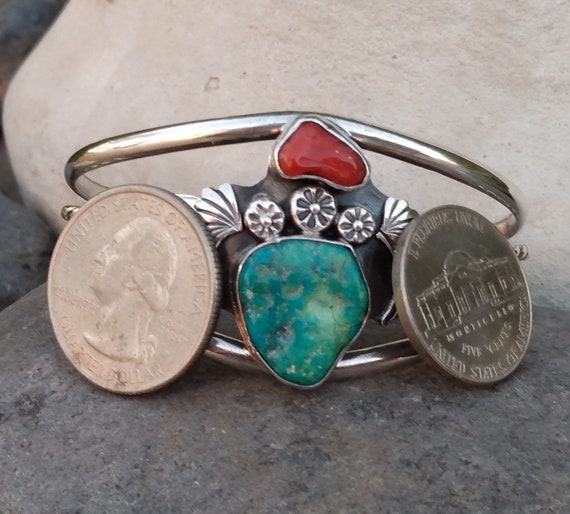 Sterling Silver Turquoise & Coral Cuff Bracelet, … - image 8