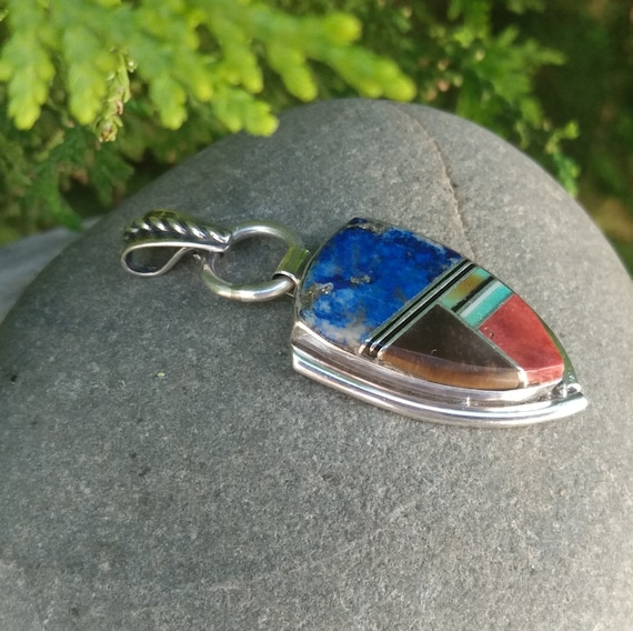 Sterling Silver Inlay Pendant, Native American, V… - image 1
