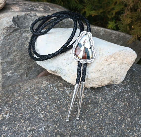 Sterling Silver Inlaid Bolo Tie, Native American,… - image 2